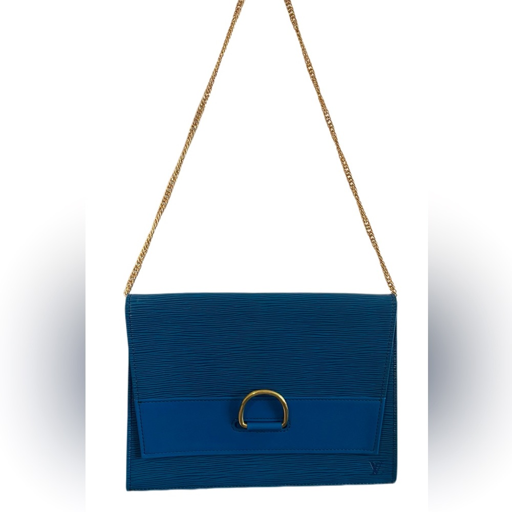 Blue Leather Chain-Handle Shoulder Bag